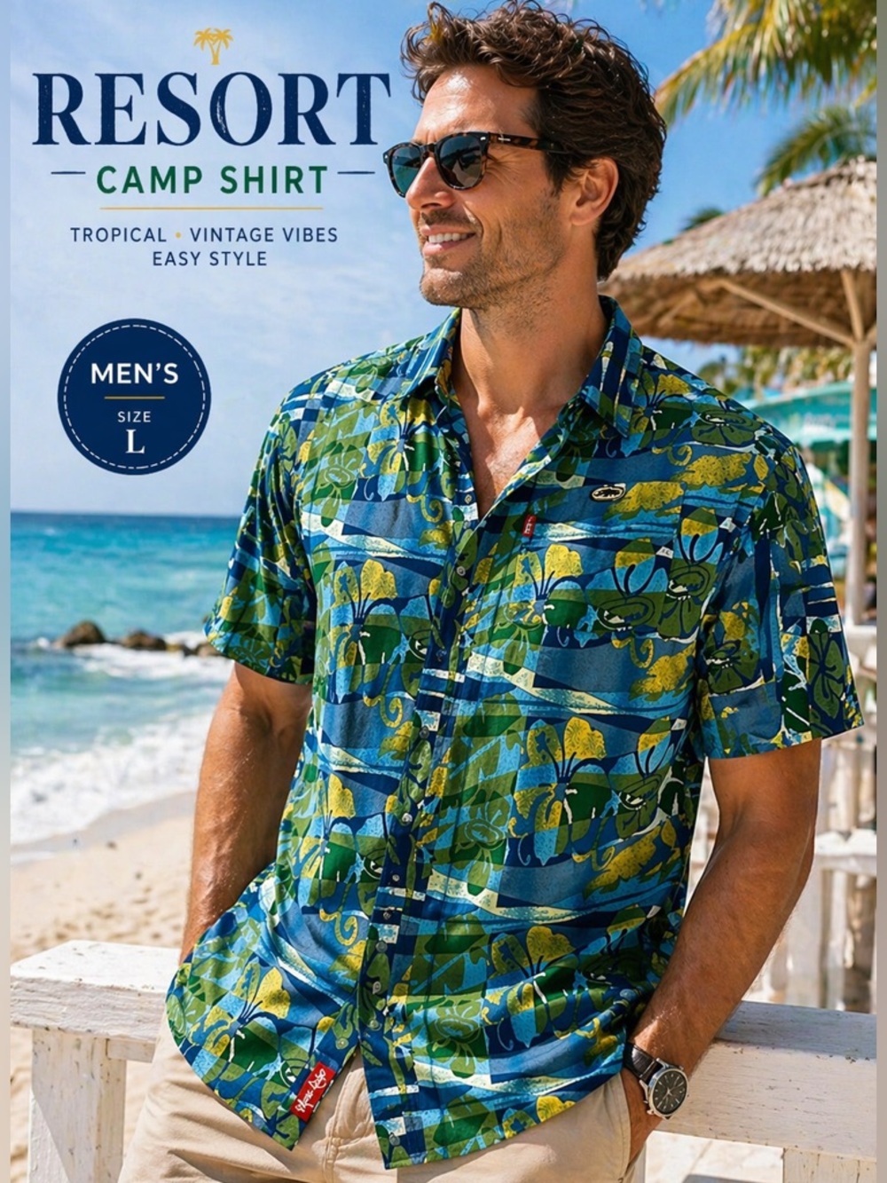 Men’s Marc Ecko Unltd Tropical Print Short Sleeve Shirt LARGE Hawaiian Coastal